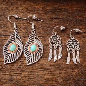 Silver and Turquoise Feather Earrings Set
